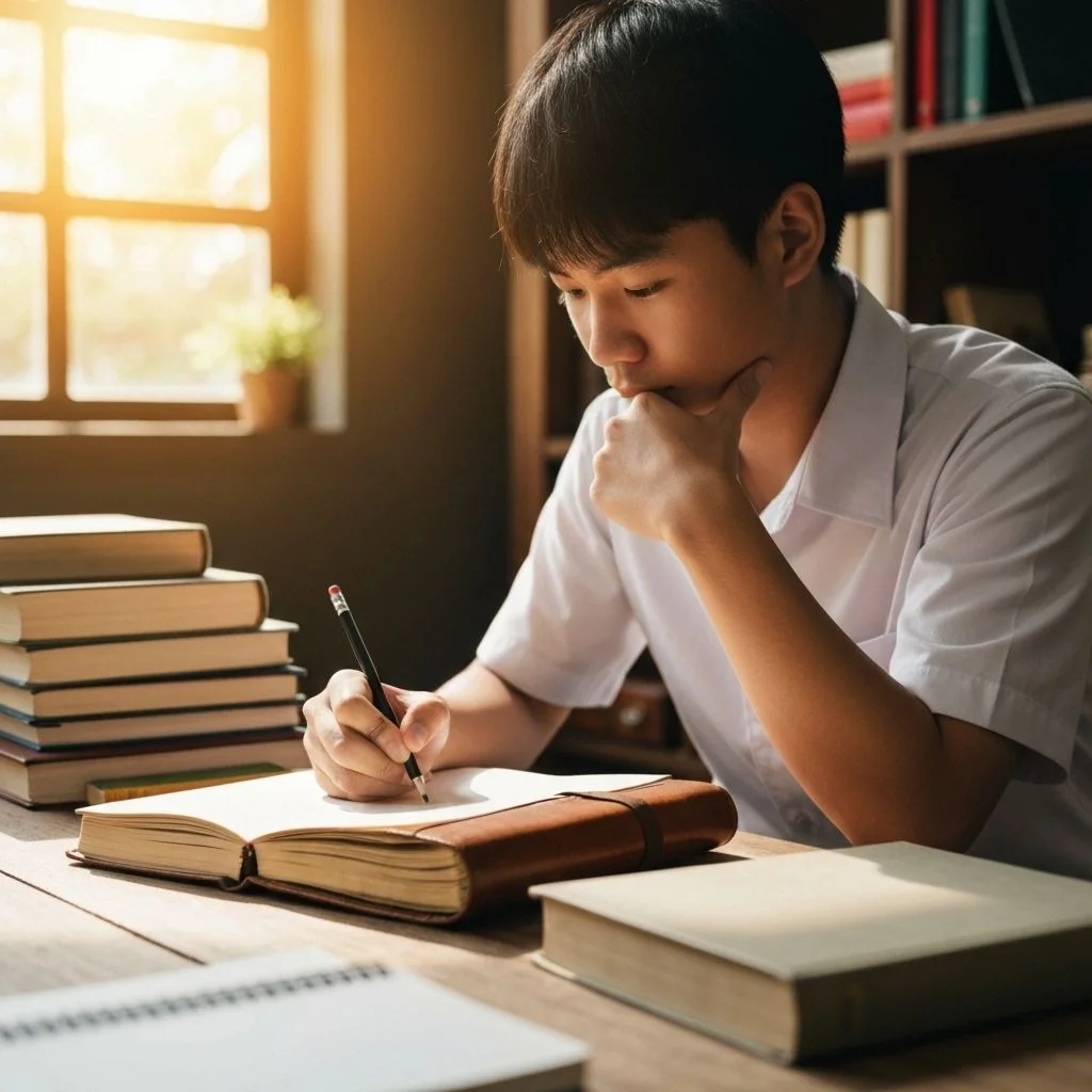 Student writing an IELTS opinion essay with feedback notes